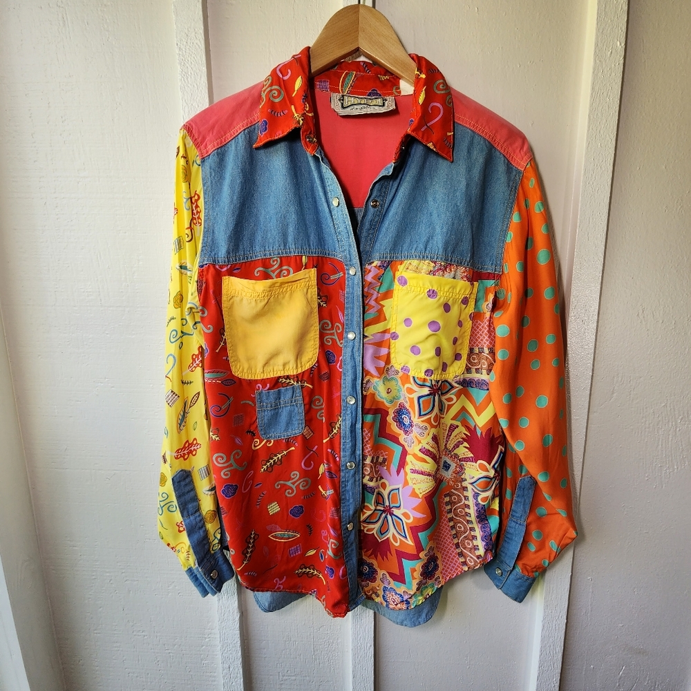 Vintage Hype Button Up Shirt Colorful Color Block Retro Hippie Crazy